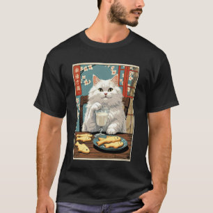 Camiseta Novedosa de Gato con Galletas y Leche, C