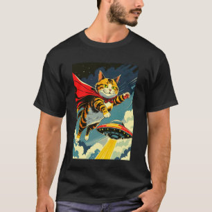 Camiseta Novelty Gato Volando Con OVNI , Gato Con Capa Lind