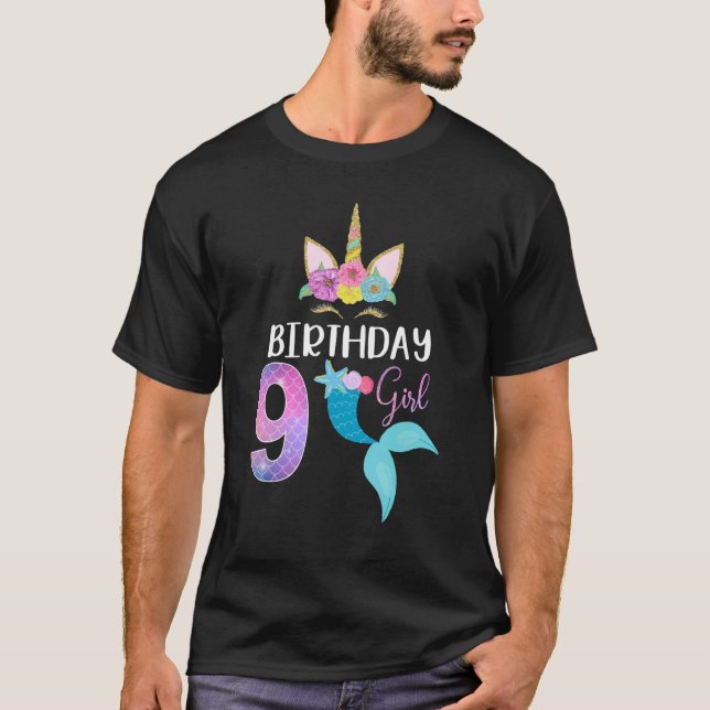 Camiseta Novena Chica de cumpleaños Unicornio Sirena cola 9 (Anverso)