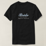 Camiseta Novia Dusty Blue Bachelorette Wedding Party<br><div class="desc">Sencillo. Moda. Personalizado. Estos camisetas del partido de novias vienen con elegantes letras de guiones en la sombra. Elige tu fave de ajuste: camiseta, tee de gran tamaño para una cubierta de traje de baño o camisa de sueño, sudadera o capucha. Póngalo en pareja con bolsas de tote, gotas y...</div>