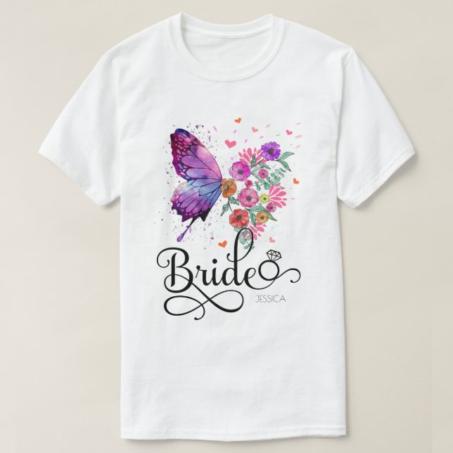 Camiseta Novia Floral Boho Butterfly Nombre T-Shirt (Diseño del anverso)