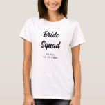 Camiseta Novia Squad Bridal Shower Bachelorette Party Name<br><div class="desc">Un sencillo diseño minimalista en blanco y negro para una ducha nupcial o una fiesta de soltera. El texto de caligrafía es personalizable y se puede cambiar a tu propia frase. Puede cambiar el tipo de letra, el color del tipo de letra, el tamaño del tipo de letra, el espaciado...</div>