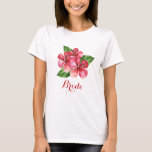 Camiseta Novia Tropical Flandes Hibiscus<br><div class="desc">Esta camiseta de la tribu de novias presenta un diseño floral tropical de hibisco rojo acuático. Personalízalo con tu propio texto. Hay productos que coinciden.</div>