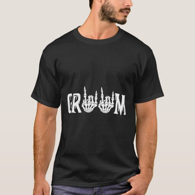 Camiseta Novio Esqueleto Roca Mano Halloween Boda Despedida (Anverso)