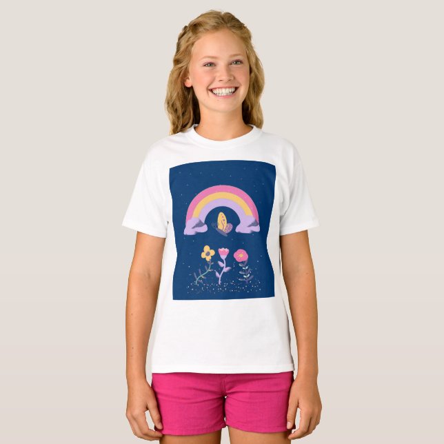 Camiseta Nube de flores de mariposa arco iris (Anverso completo)