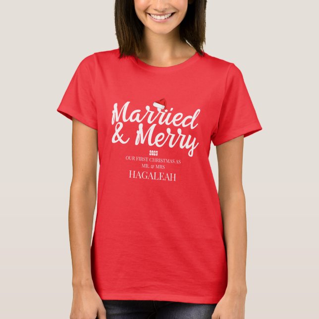 Camiseta Nuestra primera Navidad, Sr. y Sra. Newlyw Merry (Anverso)