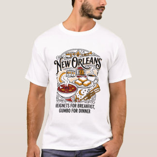 Camiseta nUEVA oRLEANS bEIGNETS gUMBO dESAYUNO cENA mENU