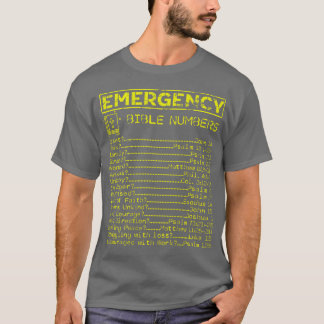 Camiseta Números de emergencia bíblica impresos en la parte