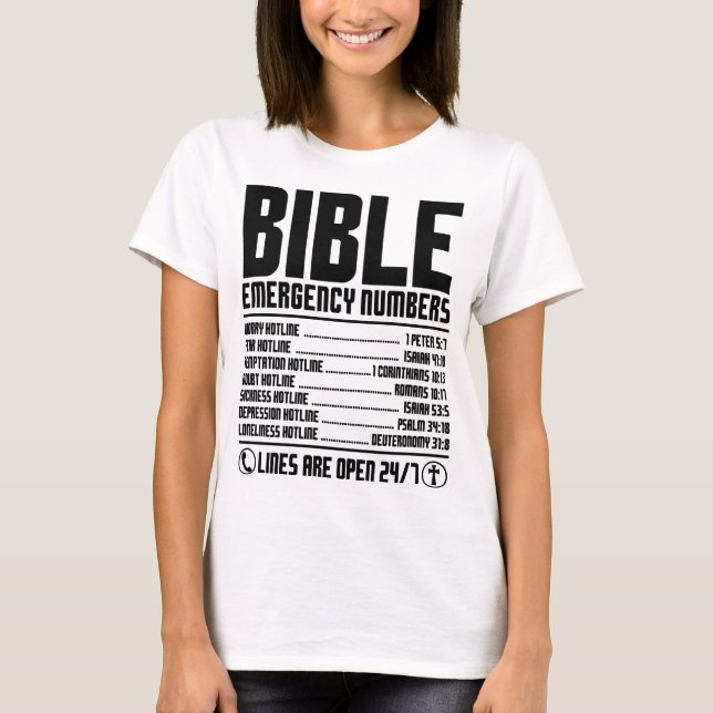 Camiseta Números de emergencia bíblicos Línea directa sagra (Anverso)