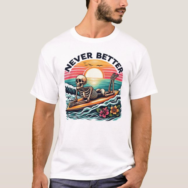 Camiseta Nunca Mejor - Skeleton Surfing Sunset Wave Design (Anverso)