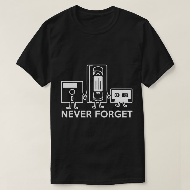 Camiseta Nunca Olvidar: disco de disquete, VHS, compartimen (Diseño del anverso)