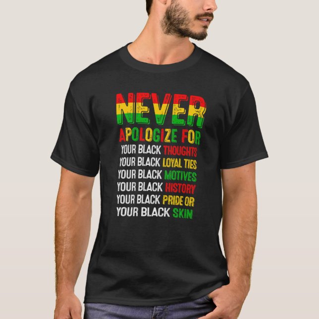Camiseta Nunca te disculpes por tu historia negra de negrit (Anverso)