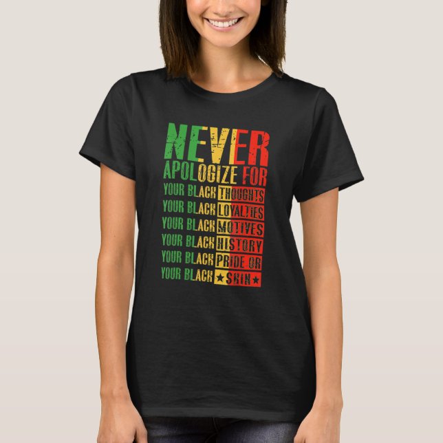 Camiseta Nunca te disculpes por tu negritud historia negra. (Anverso)