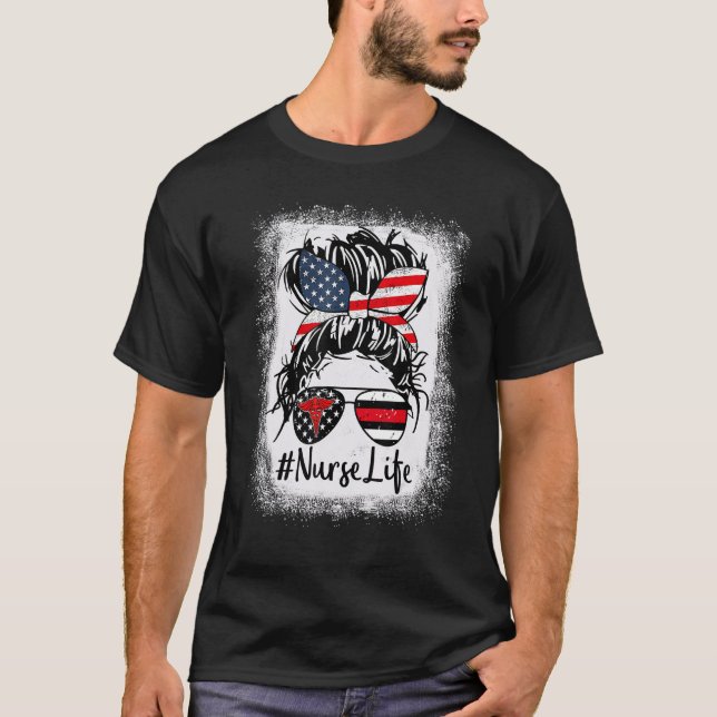 Camiseta Nurse Life Bleached  Pink Leopard Messy Bun Nurse  (Anverso)