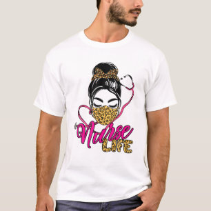 Camiseta Nurse Life Messy Bun Hair Leopard Print Nurses Day