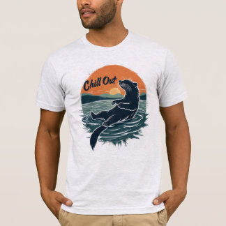 Camiseta Nutria de río nadando divertida puesta de sol vint