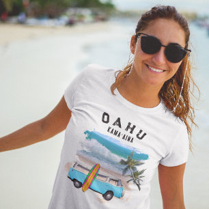 Camiseta Oahu Kamaaina Turquesa Tabla de Surf de Furgoneta