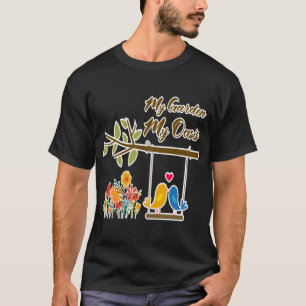Camiseta Oasis de jardín Pájaros lindos en columpio Arte ro
