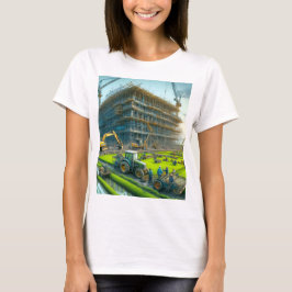 Camiseta obra con grúa y edificio