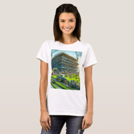 Camiseta obra con grúa y edificio