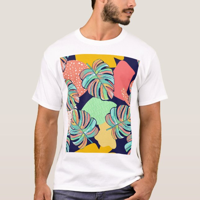 Camiseta Obra tropical: diseño de monastera multicolor (Anverso)