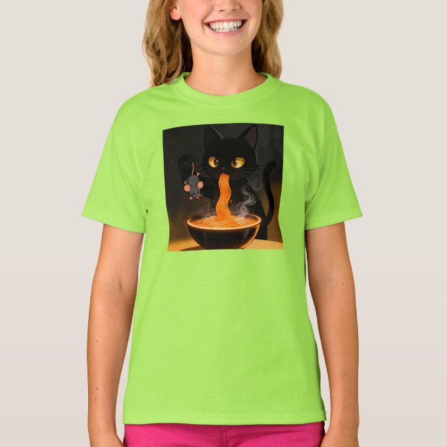 Camiseta Obsidian Cat & Daring Mouse – Midnight Ramen Feast (Anverso)