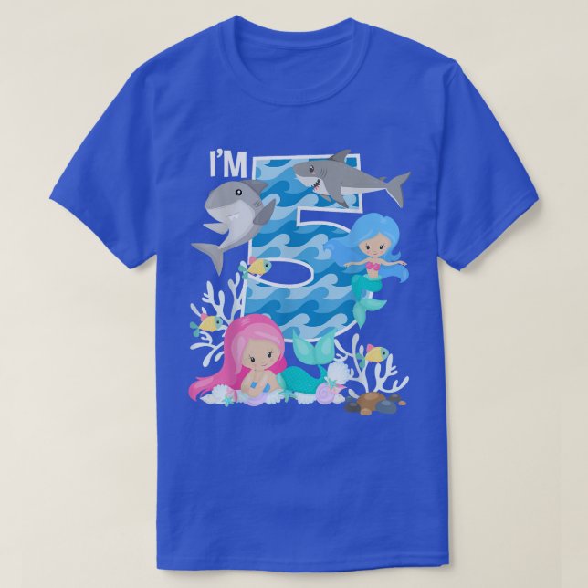 Camiseta Ocean Sharks and Mermaids 5th Birthday 5 Year Old  (Diseño del anverso)