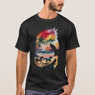 Camiseta Océano de Cabeza de Caballo y palmeras coloridas