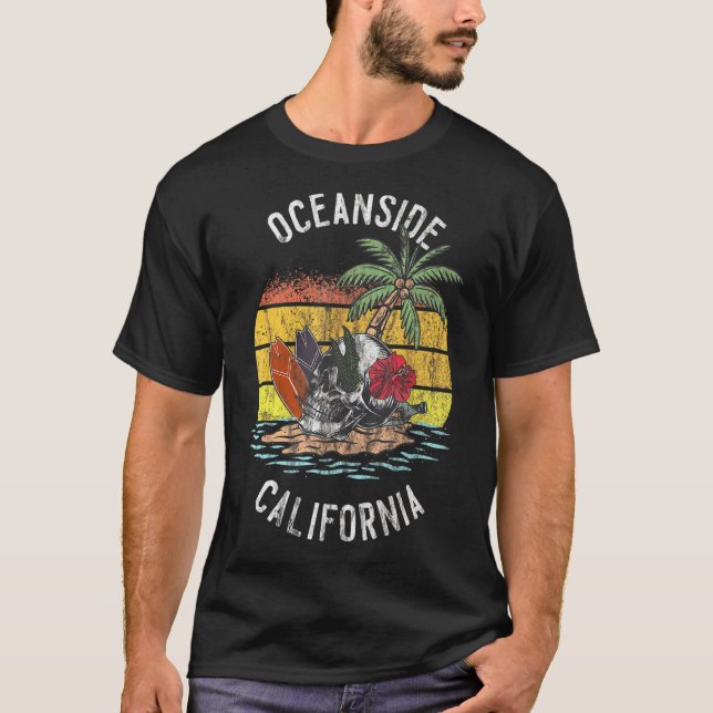 Camiseta Oceanside Beach California Palms Skull Surf Sunset (Anverso)
