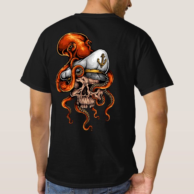 Camiseta Octopus Ataca Cráneo de Capitán Náutico   (Reverso)