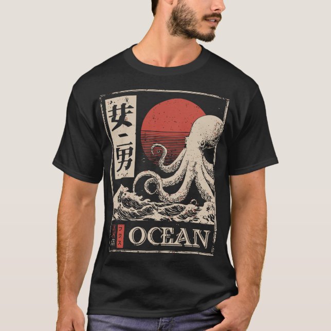Camiseta Octopus Deep Ocean japonés Red Sun Marine Art (Anverso)