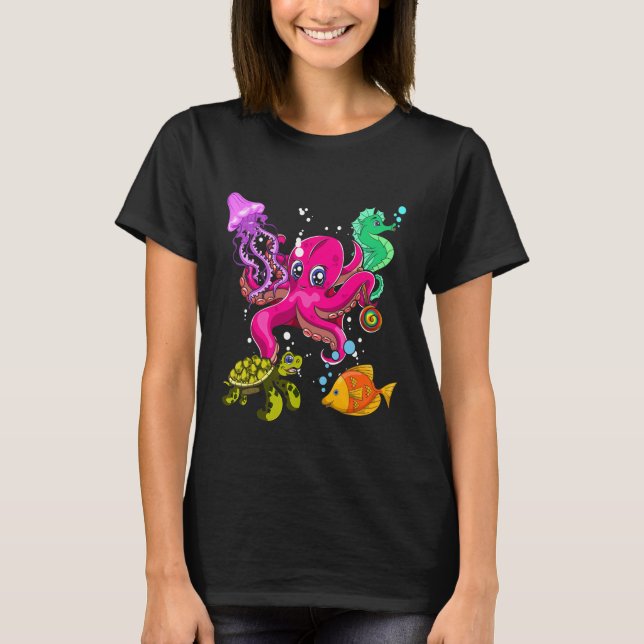 Camiseta Octopus Seahorse Turtle Jellyfish Squad Cute Anima (Anverso)