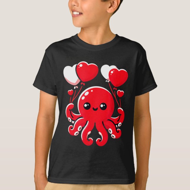 Camiseta Octopus With Heart Balloons Adorable Valentines Da (Anverso)