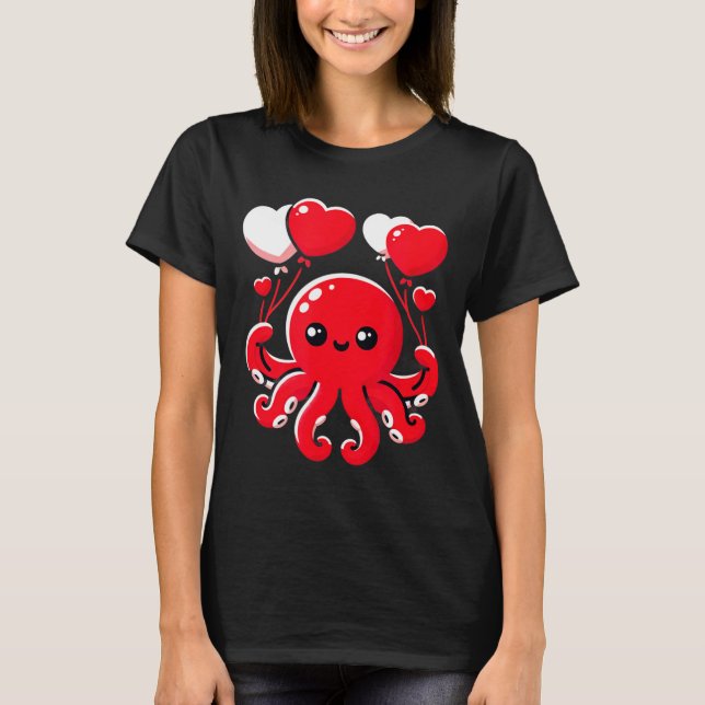 Camiseta Octopus With Heart Balloons Adorable Valentines Da (Anverso)