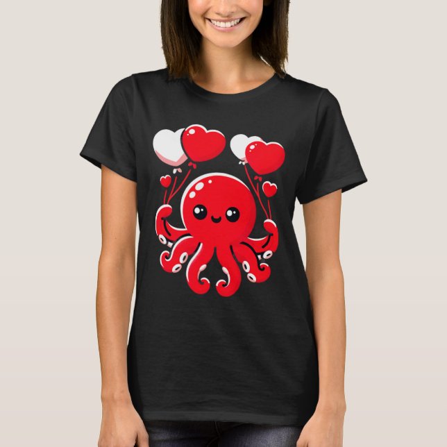 Camiseta Octopus With Heart Lloons Adorable Valentines Day  (Anverso)