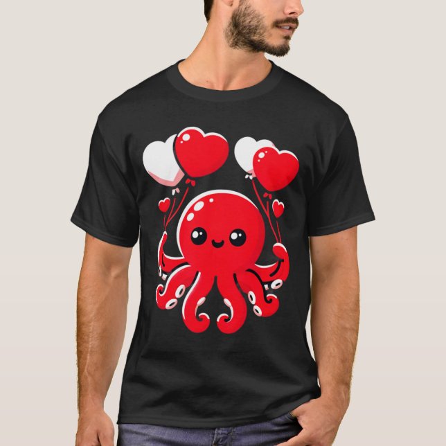 Camiseta Octopus With Heart Lloons Adorable Valentines Day  (Anverso)