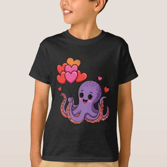 Camiseta Octopus With Heart Lloons Valentine Day  (Anverso)