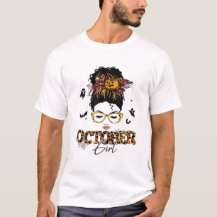 Camiseta Octubre Chica Messy Bun Hair Halloween Cumpleaños