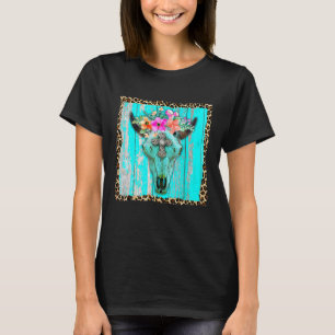 Camiseta Oeste Boho Flores Turquesa Cow Bull Skull Rode