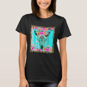 Camiseta Oeste Boho Flores Turquesa Cow Bull Skull Rode