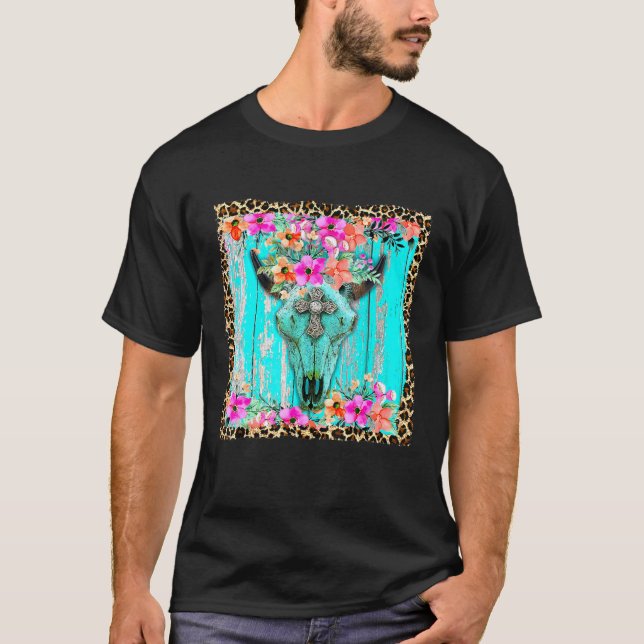 Camiseta Oeste Boho Flores Turquesa Cow Bull Skull Rode (Anverso)