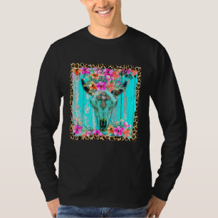 Camiseta Oeste Boho Flores Turquesa Cow Bull Skull Rode