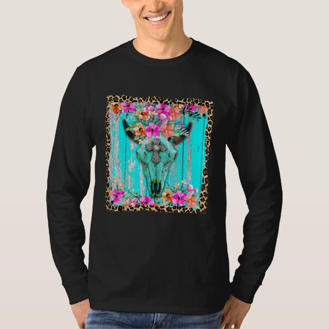 Camiseta Oeste Boho Flores Turquesa Cow Bull Skull Rode (Anverso)