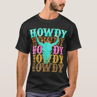 Camiseta Oeste Country Leopard Howdy Bull Skull Cowgirl