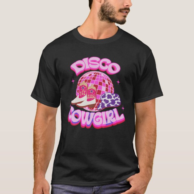 Camiseta Oeste Cowgirl Yeehaw Pink Disco Ball Cowboy Boot (Anverso)