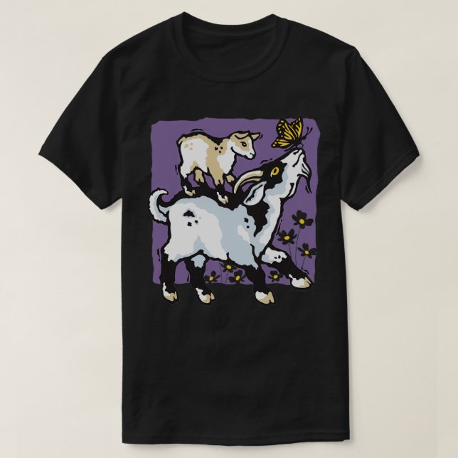 Camiseta of Pygmy Goats and Butterfly on Purple  (Diseño del anverso)