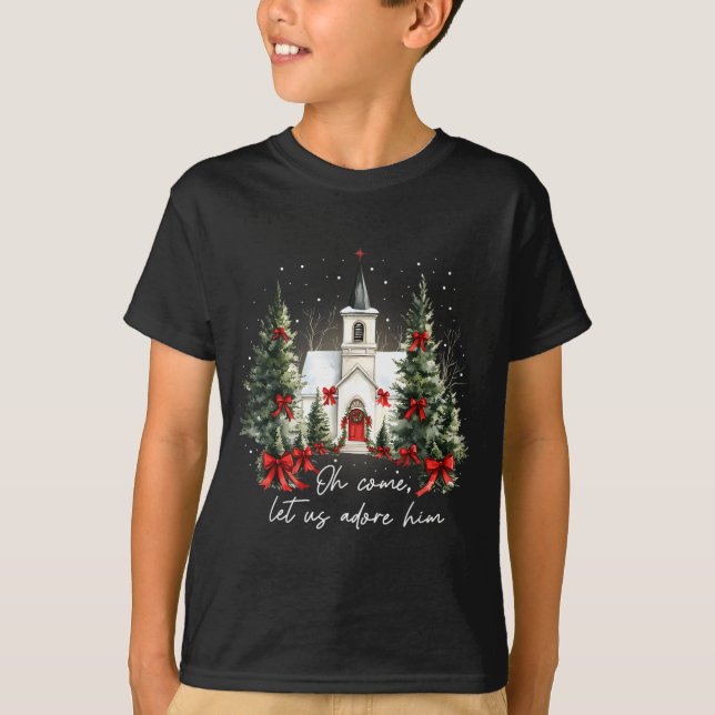 Camiseta Oh Come Let Us Adore Him Jesus Christmas Xmas Tree (Anverso)