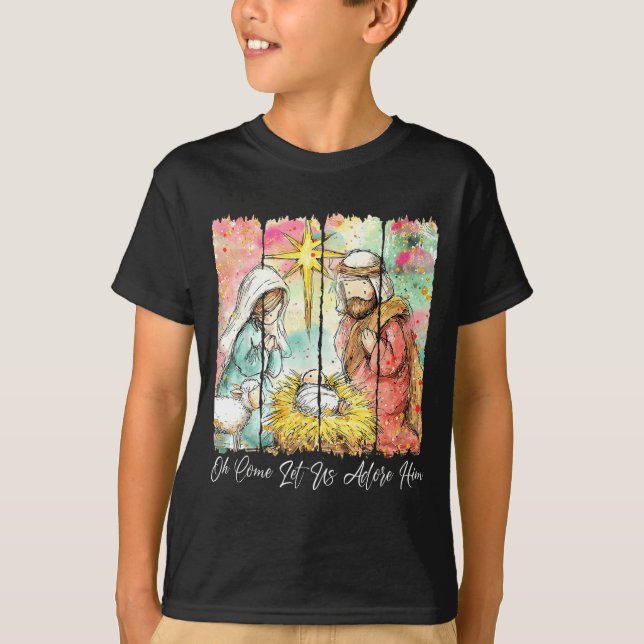 Camiseta Oh Come Let Us Adore Him Nativity Scene Christian  (Anverso)