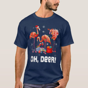 Camiseta Oh Deer Pink Flamingo alegre Navidad Lámparas de h