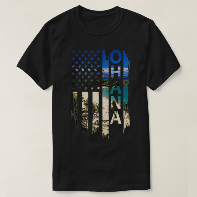 Camiseta Ohana hawaii verano atardecer bandera estadouniden (Diseño del anverso)